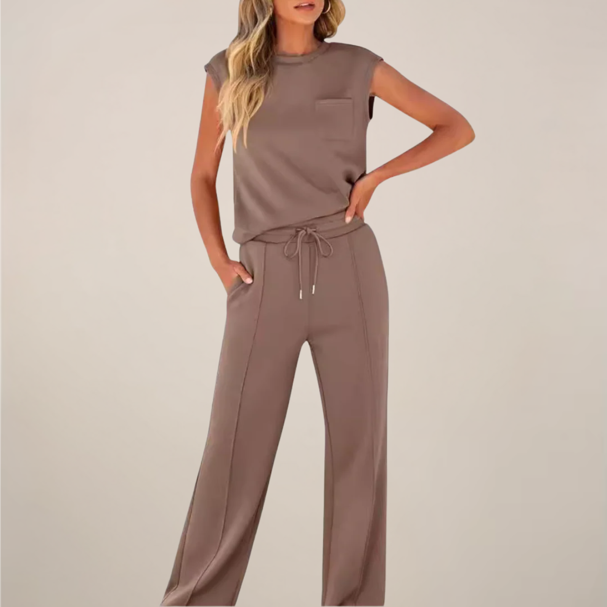Lumina Wear Charlotte women's relaxed fit two-piece pants set with drawstring waist, casual and comfortable fashion.