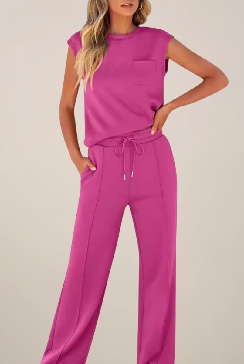 Lumina Wear Charlotte relaxed fit two-piece pants set for women with drawstring waist, comfortable and stylish casual outfit.