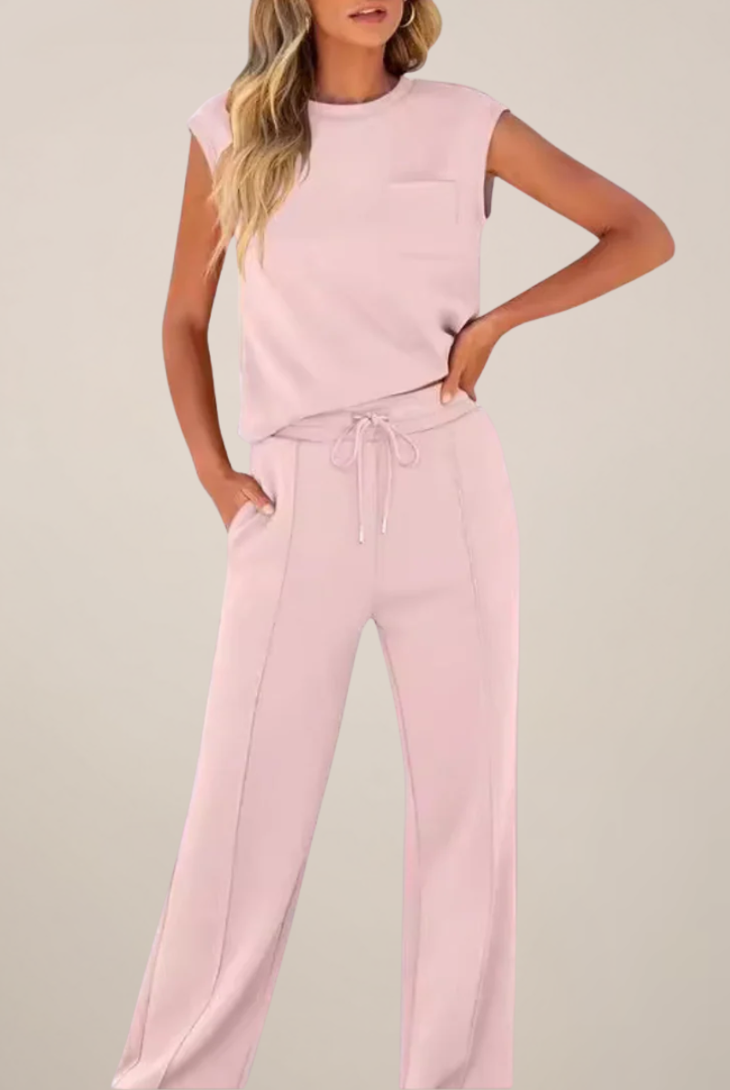 Lumina Wear Charlotte relaxed fit two-piece pants set with drawstring for women, featuring comfortable, stylish casual wear.