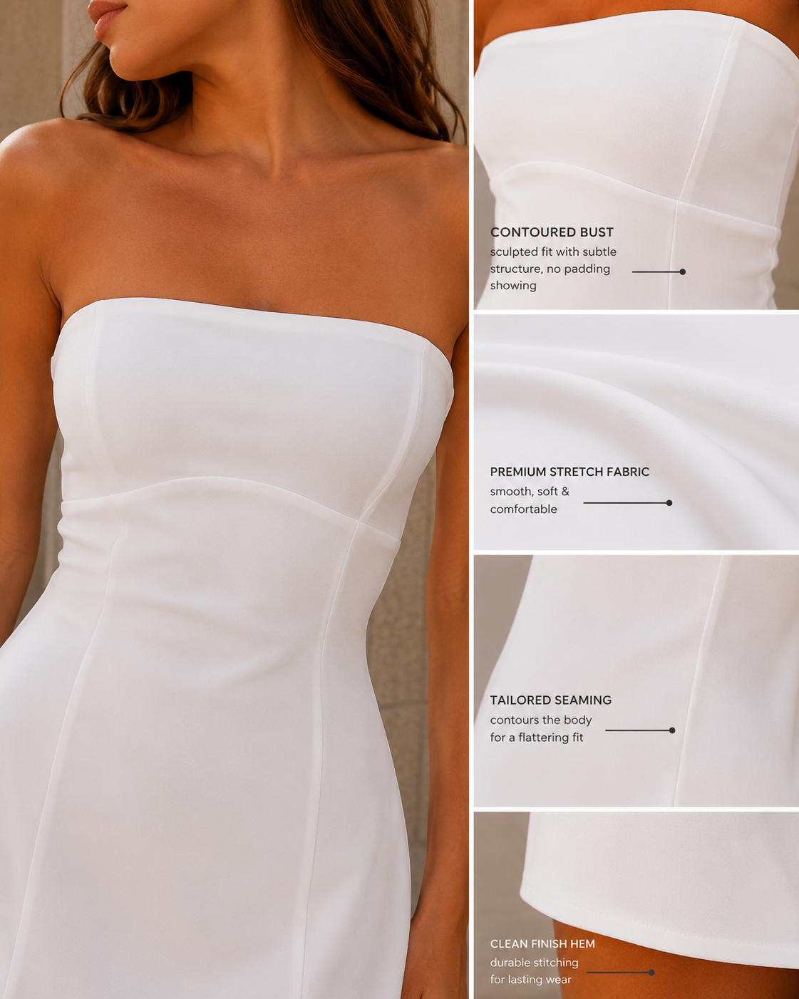 Lumina Wear Nova strapless mini dress bodice with fitted silhouette and smooth fabric, displayed on a mannequin.