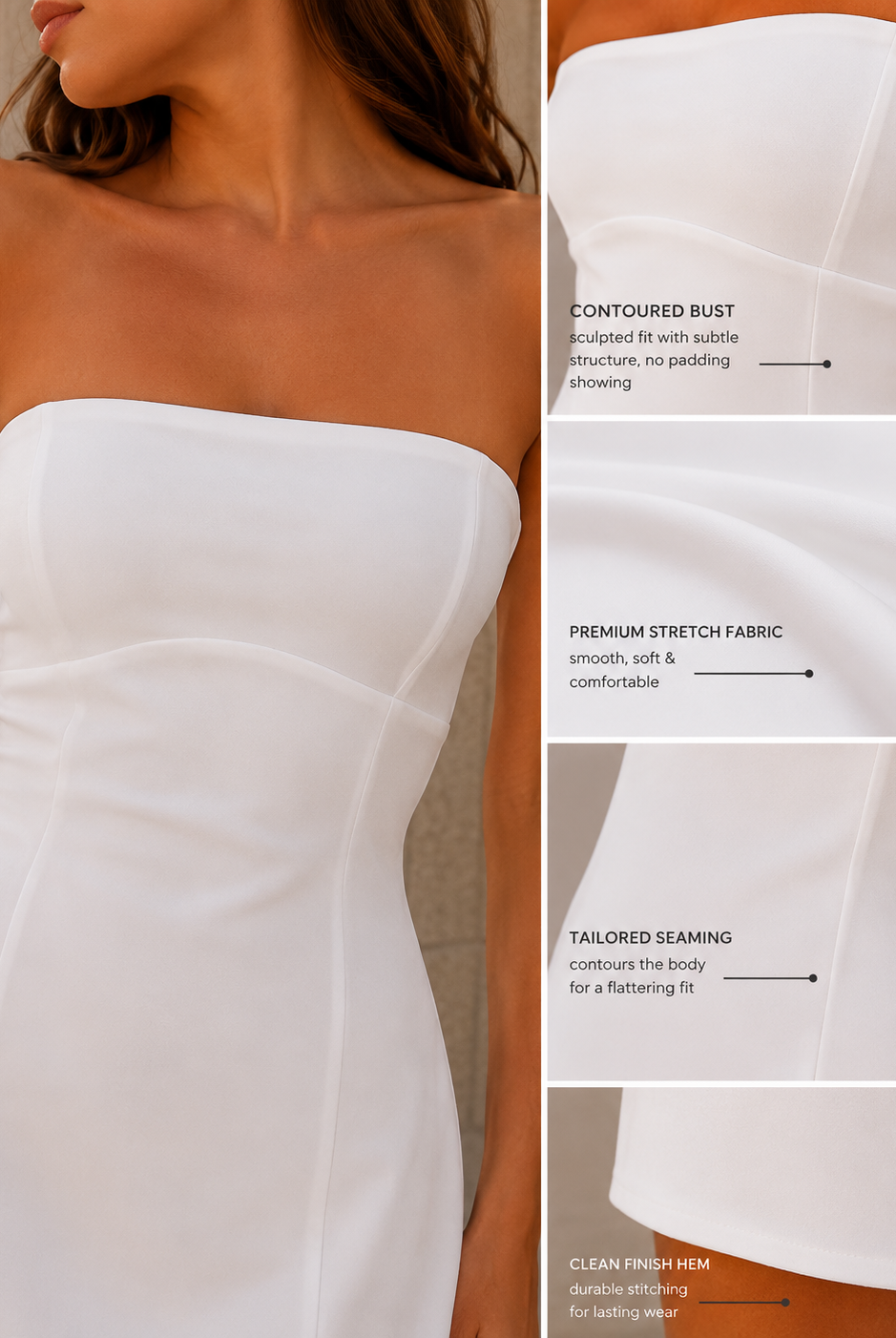 Lumina Wear Nova strapless mini dress bodice with sleek, fitted design and smooth fabric for a stylish, modern look.