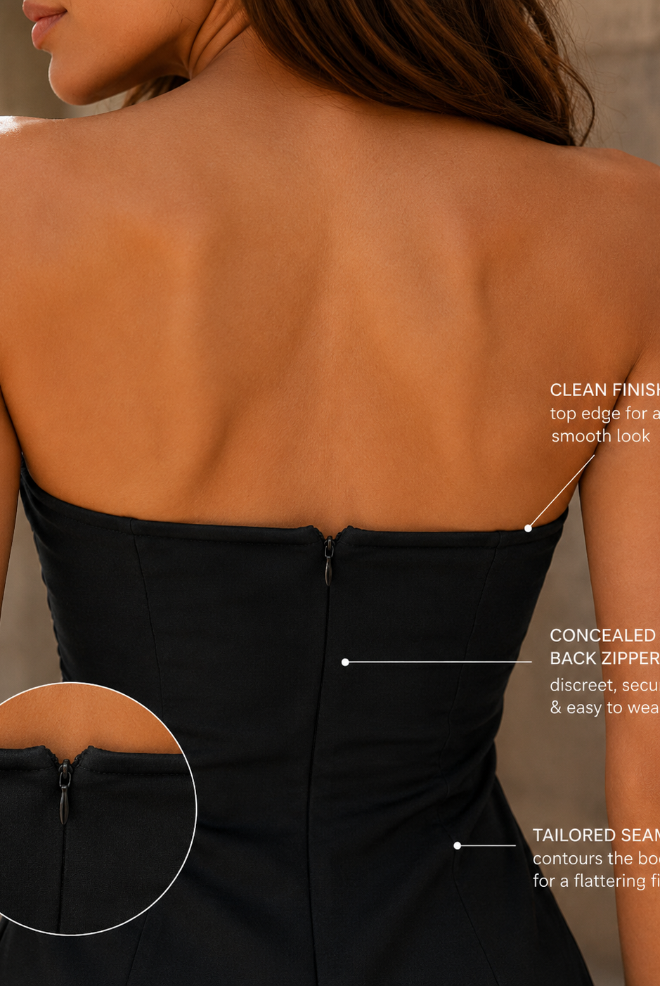 Lumina Wear Nova strapless mini dress bodice featuring sleek design and fitted silhouette, perfect for stylish evening wear.
