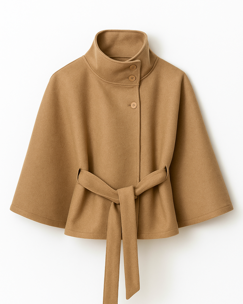 Lumina Wear Chloe elegant high-neck camel cape coat for women, showcasing a stylish, sophisticated jacket with a draped cape design.