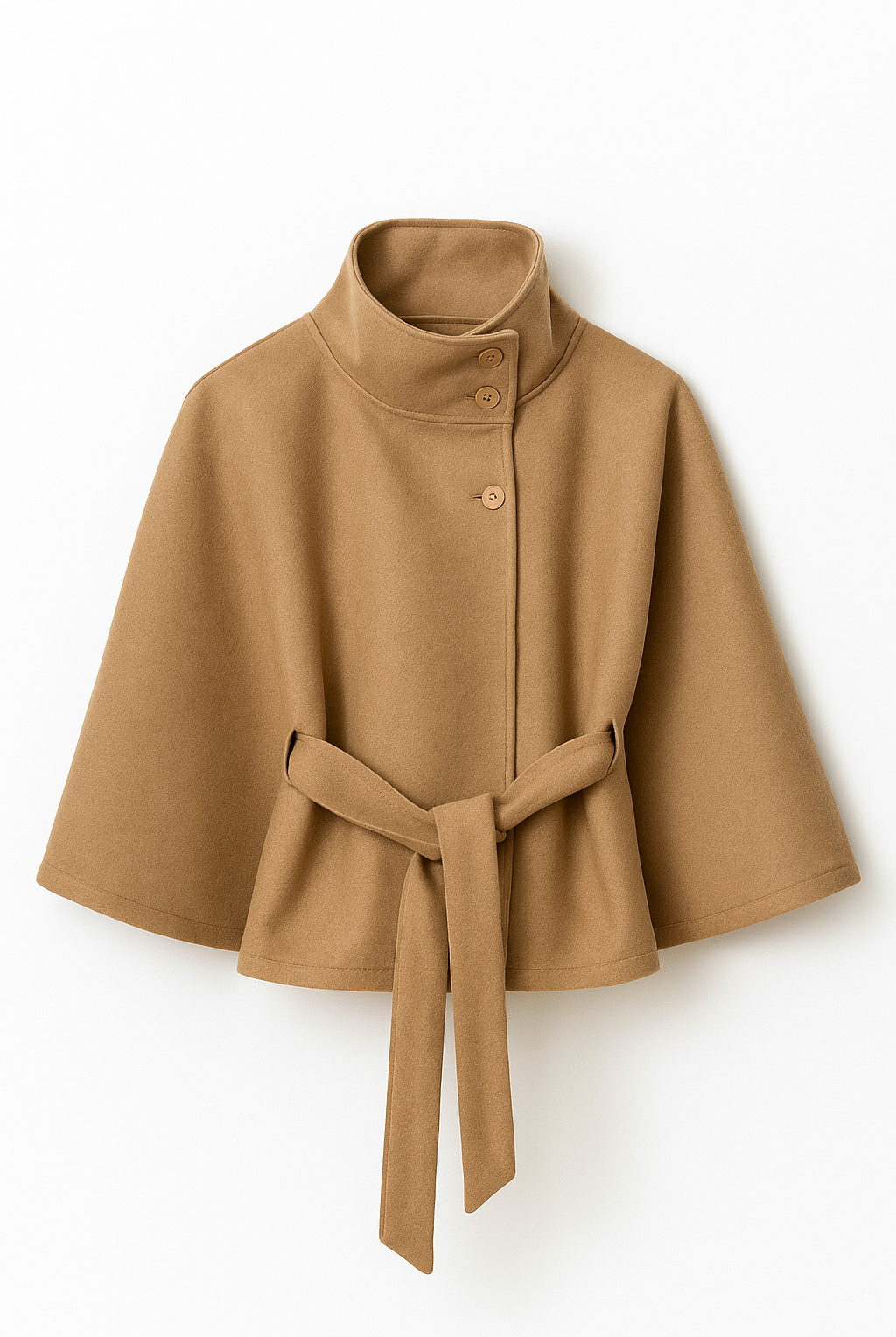 Lumina Wear Chloe elegant high-neck camel cape coat for women, stylish jacket with a sophisticated design and tailored fit.