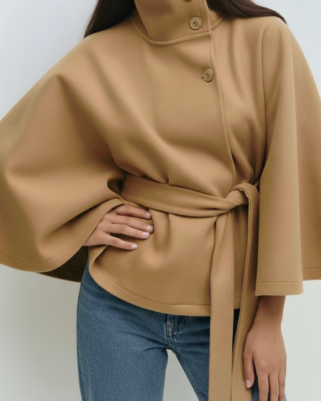 Lumina Wear Chloe high-neck camel cape coat for women, stylish jacket with elegant design and tailored fit.
