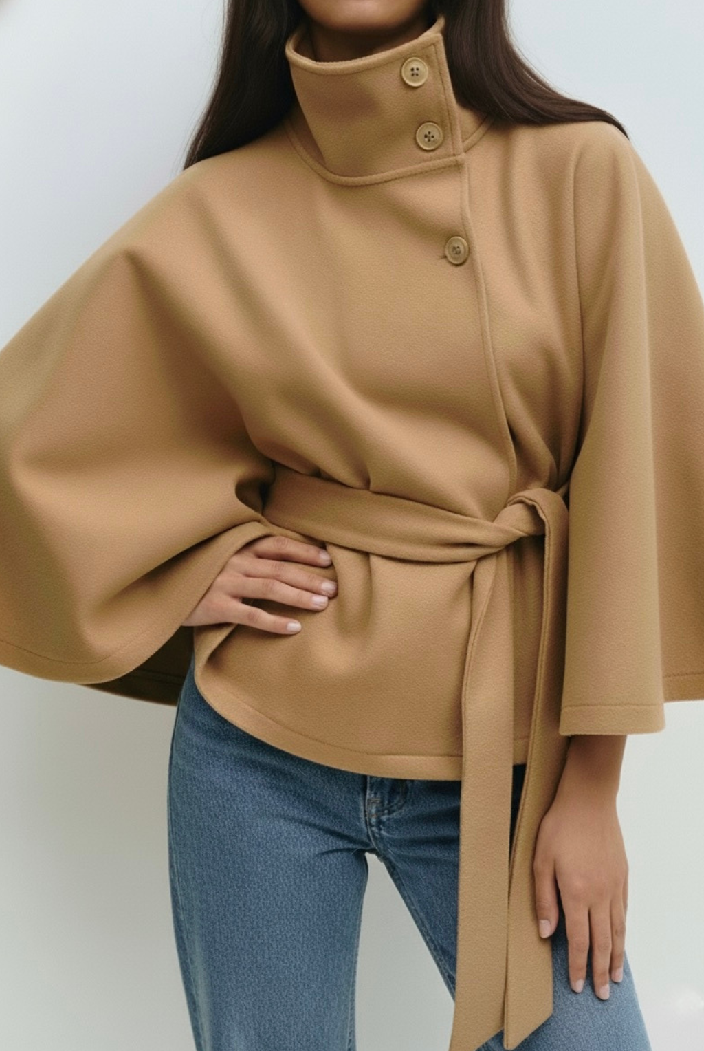 Lumina Wear Chloe high-neck camel cape coat for women, stylish jacket with elegant design and detailed stitching.