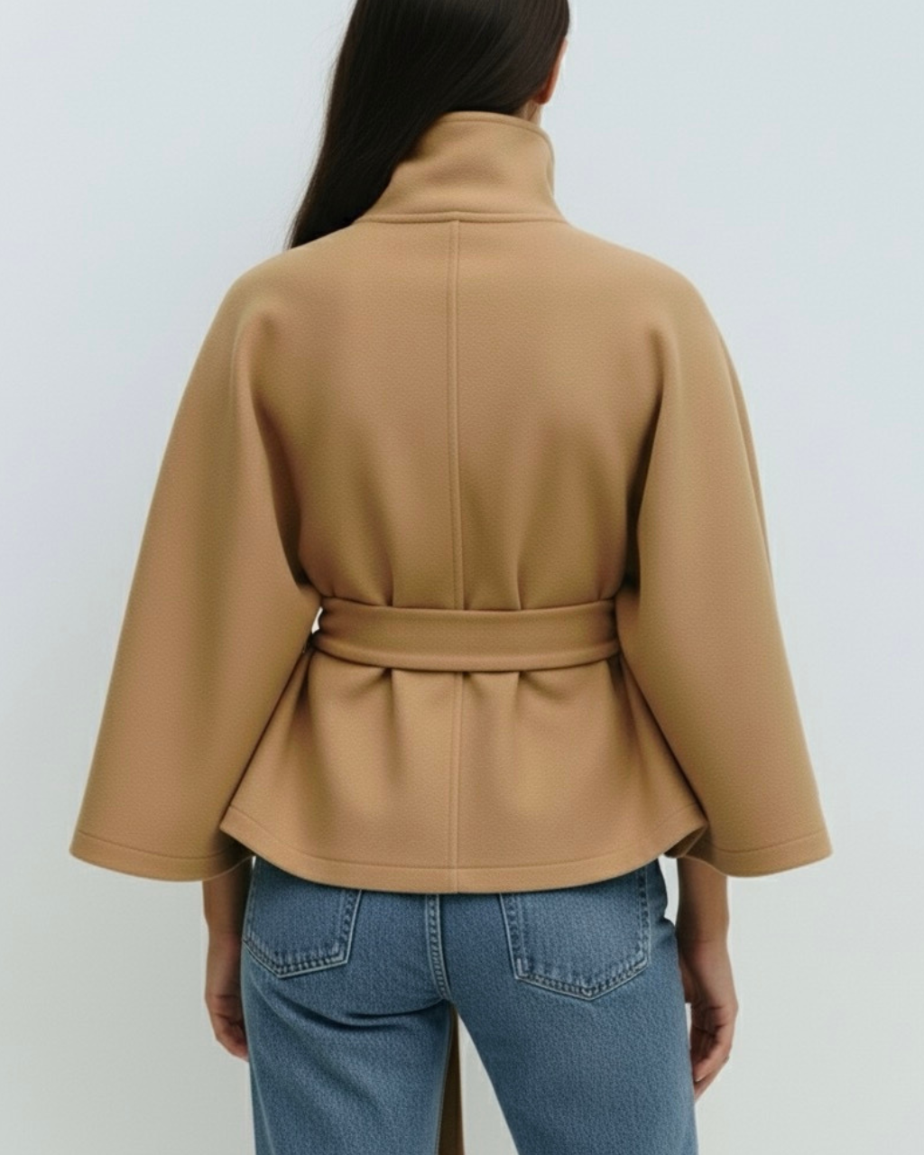 Lumina Wear Chloe elegant high-neck camel cape coat for women, stylish jacket with sophisticated design and tailored fit.