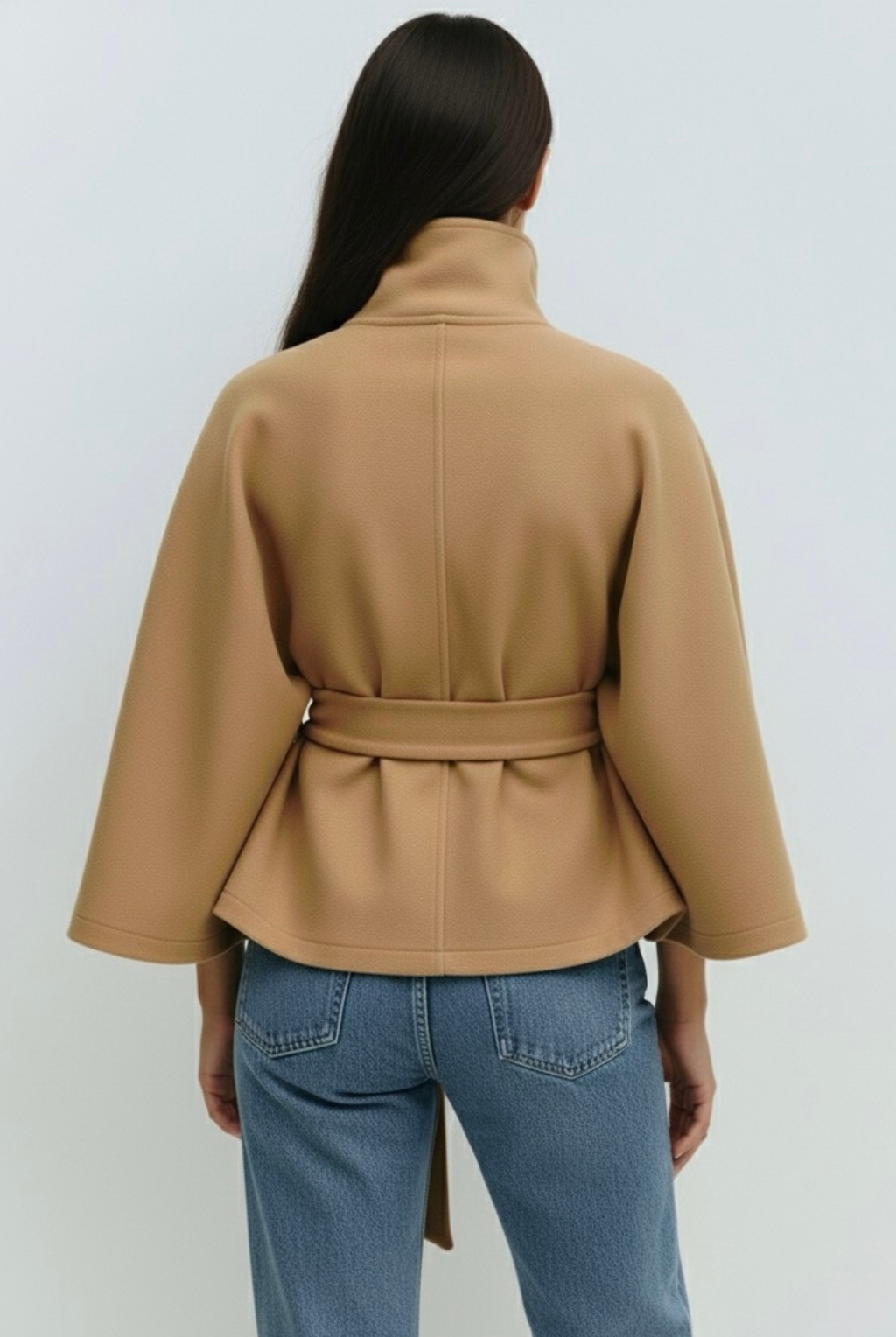 Lumina Wear Chloe elegant high-neck camel cape coat for women, showcasing a stylish, sophisticated jacket with a high collar and flowing design.