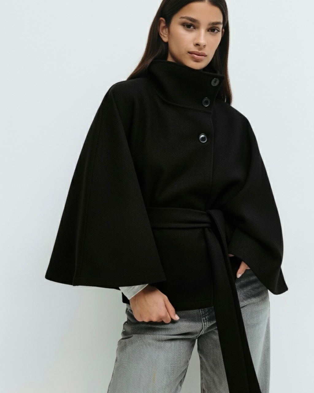 Lumina Wear Chloe elegant high-neck camel cape coat for women, showcasing stylish outerwear with a sophisticated design.
