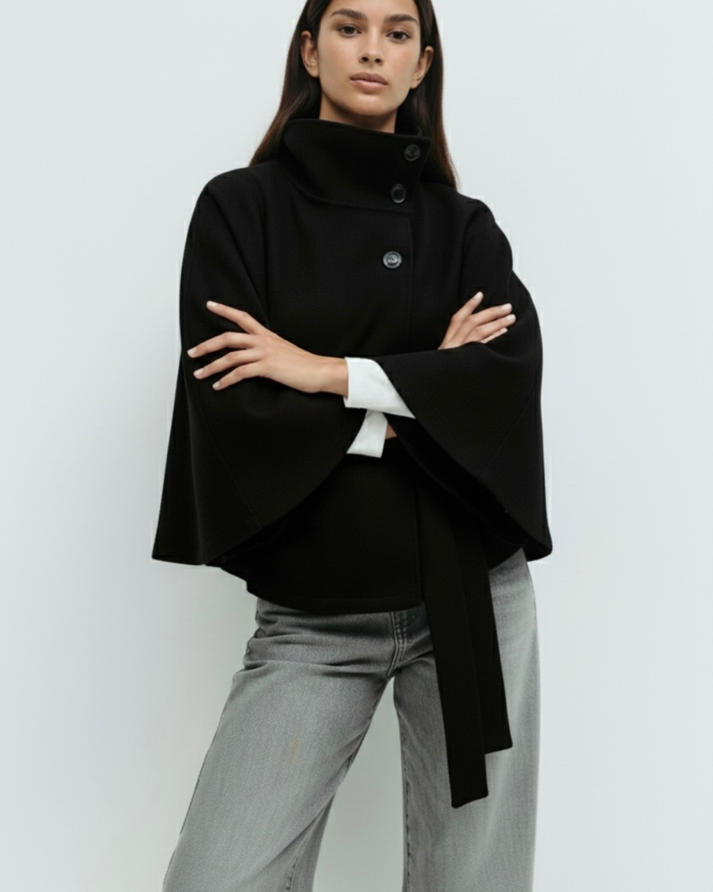 Lumina Wear Chloe high-neck camel cape coat for women, stylish jacket with elegant design and tailored fit, front view.