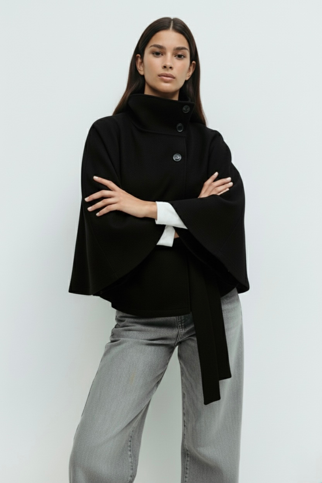 Lumina Wear Chloe elegant high-neck camel cape coat for women, featuring stylish design and warm fabric, perfect for fall and winter.