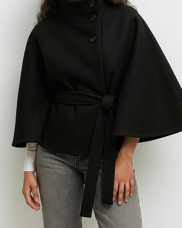 Lumina Wear Chloe elegant high-neck camel cape coat for women, stylish jacket with a sophisticated design and tailored fit.