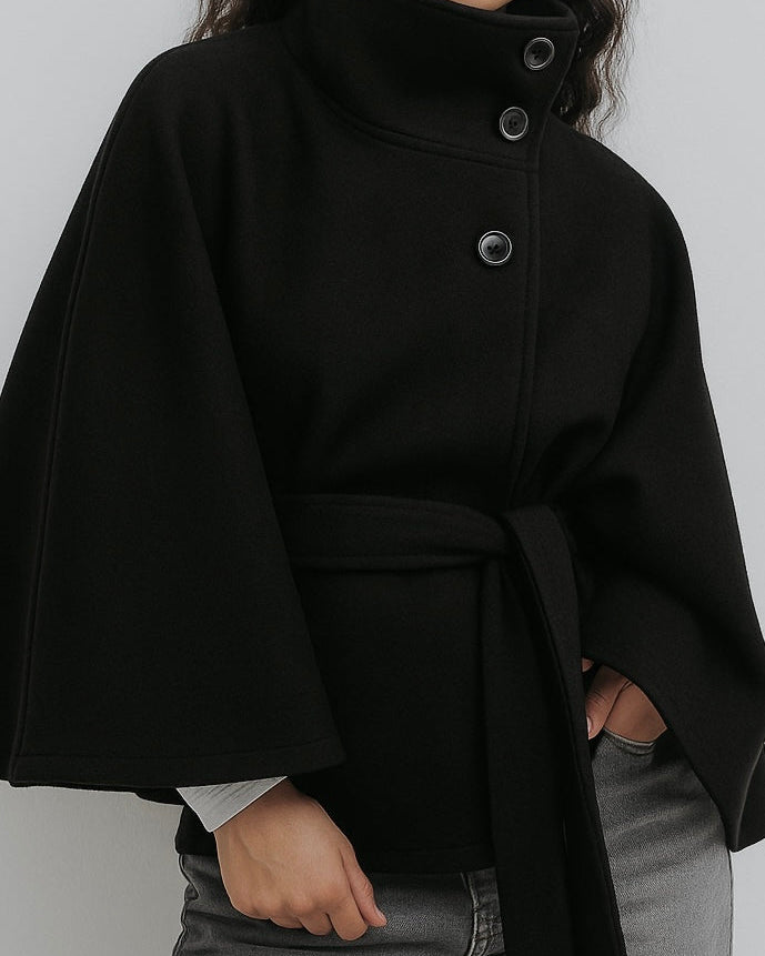 Lumina Wear Chloe elegant high-neck camel cape coat for women, stylish jacket with a sophisticated design and tailored fit.