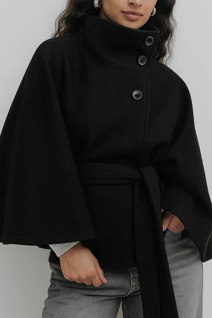 Elegant high-neck camel cape coat for women by Lumina Wear, showcasing a sophisticated design and tailored fit.