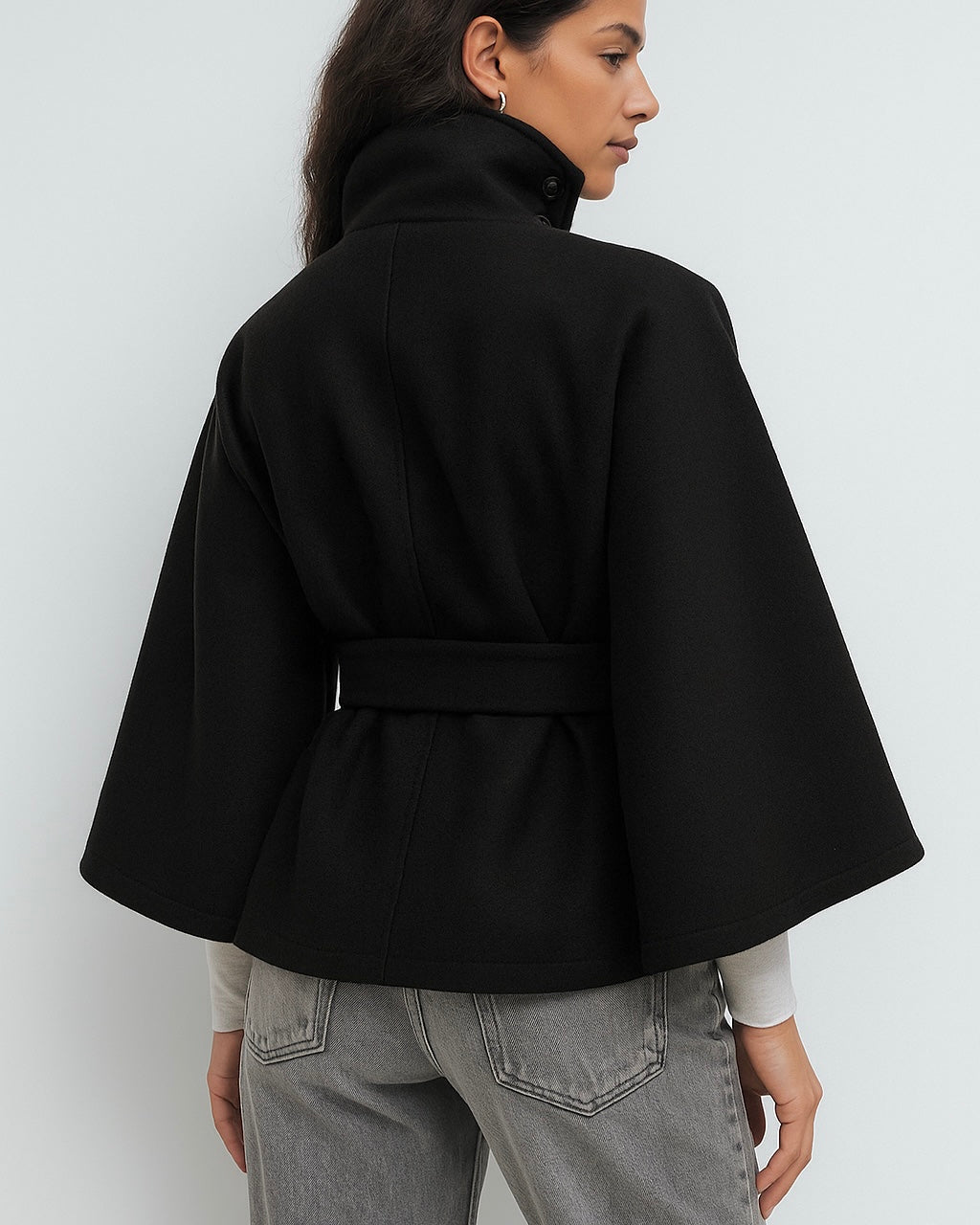 Lumina Wear Chloe elegant high-neck camel cape coat for women, showcasing sophisticated style and luxurious fabric.