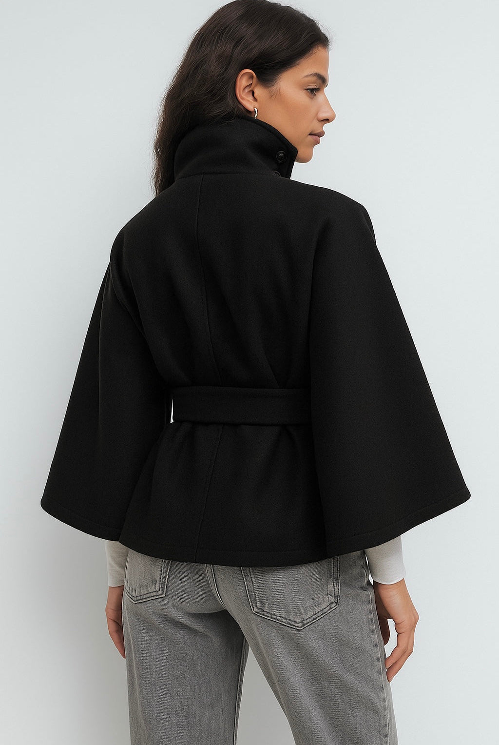 Lumina Wear Chloe elegant high-neck camel cape coat for women, stylish jacket with a sophisticated design and tailored fit.