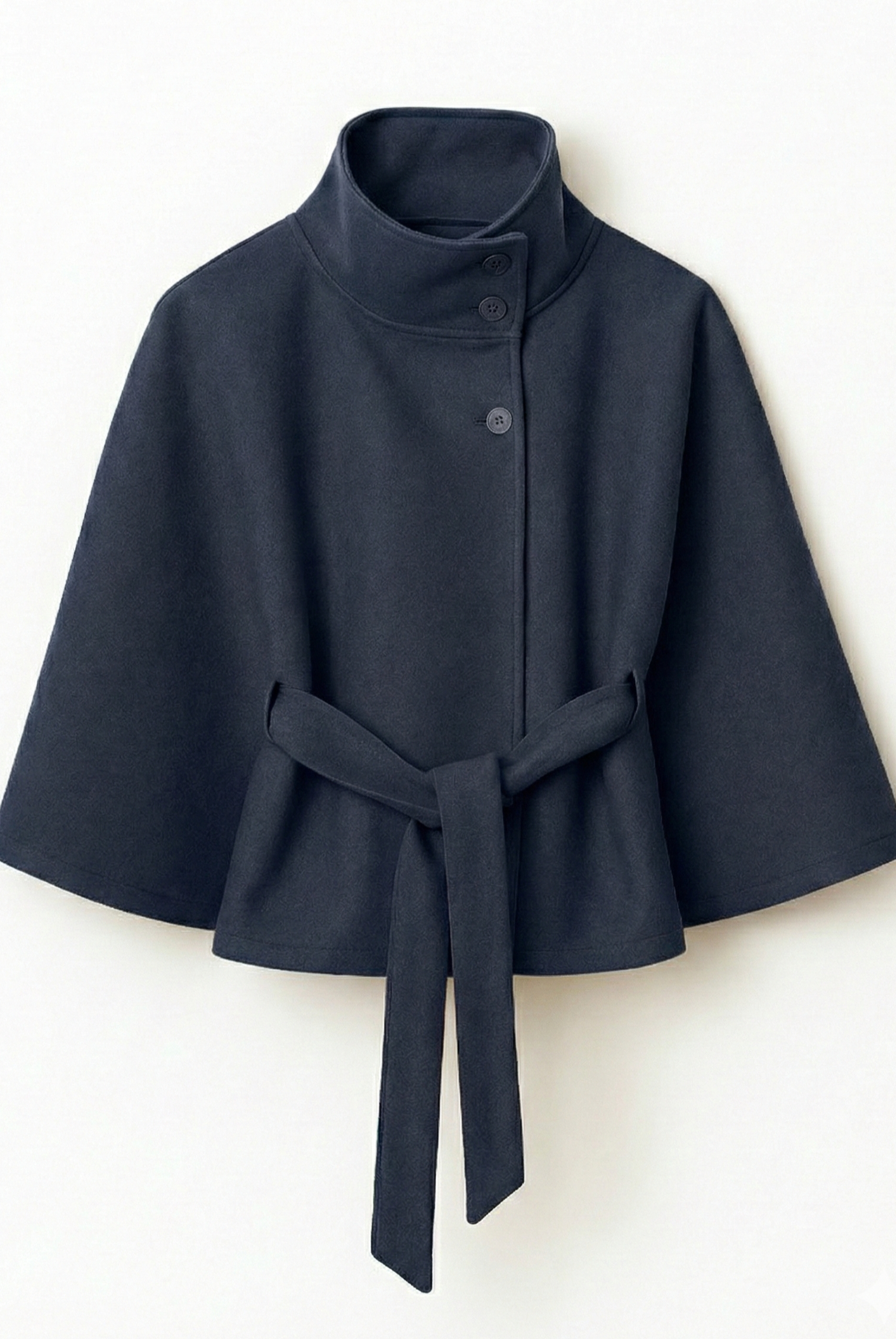 Lumina Wear Chloe elegant high-neck camel cape coat for women, shown on a model, stylish and sophisticated outerwear.