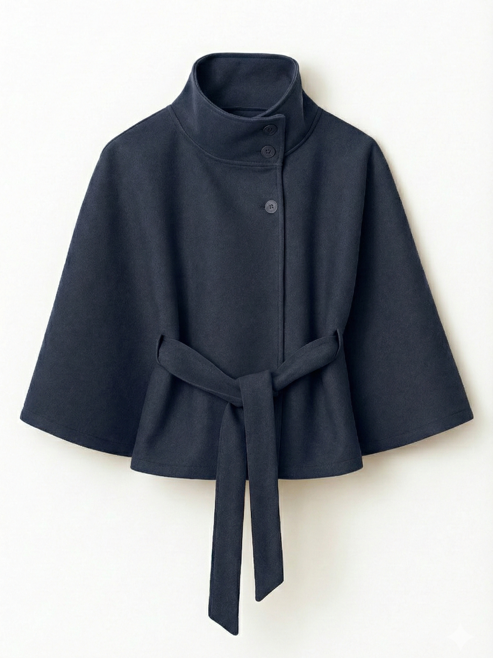 Lumina Wear Chloe elegant high-neck camel cape coat for women, shown on a model, stylish and sophisticated outerwear.