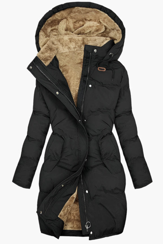Lumina Wear Chloe elegant quilted hooded winter coat with a tailored fit, perfect for stylish cold-weather wear.