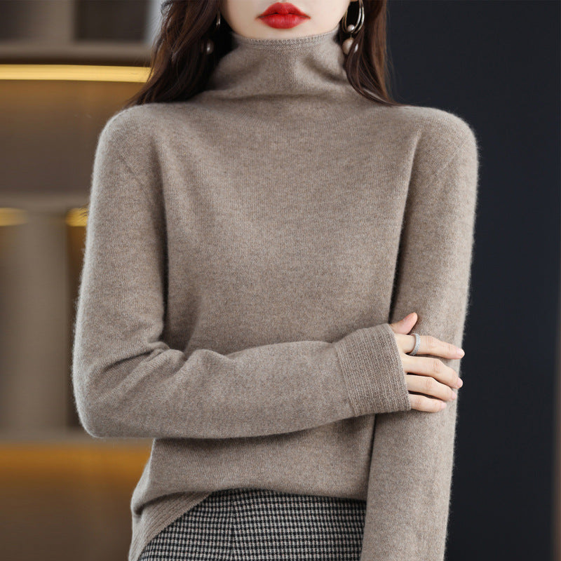 Lumina Wear Chloe glamorous turtleneck sweater in soft wool blend with a cozy fit, shown in a stylish fashion setting.