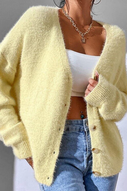 Lumina Wear Chloé soft faux mink cardigan with button details, featuring a cozy, plush texture and stylish design.