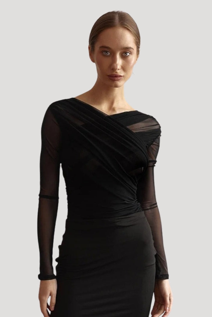 Lumina Wear Claire sheer wrap top, elegant blouse with flattering fit and lightweight, transparent fabric, perfect for stylish outfits.