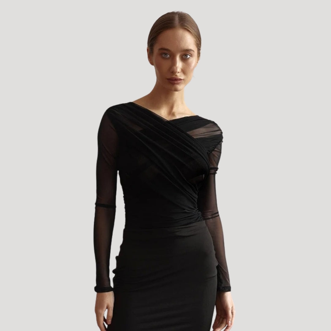 Lumina Wear Claire sheer wrap top, elegant blouse with flattering fit and lightweight, transparent fabric, perfect for stylish outfits.