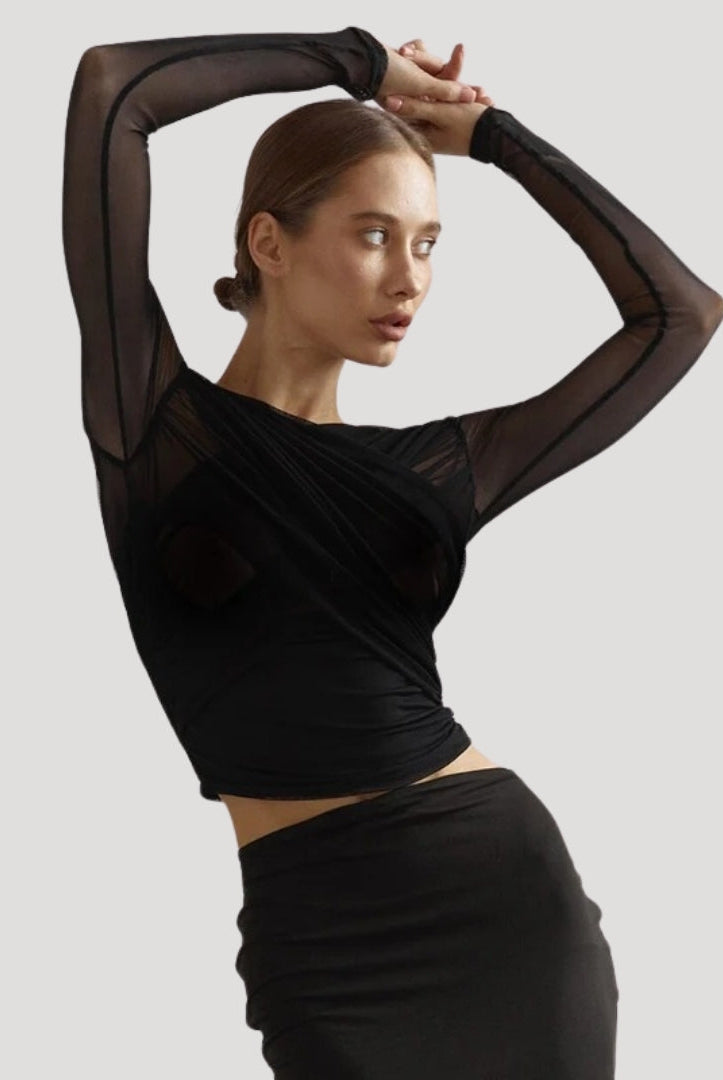 Elegant sheer wrap blouse by Lumina Wear featuring a flattering fit and stylish design, perfect for sophisticated fashion.