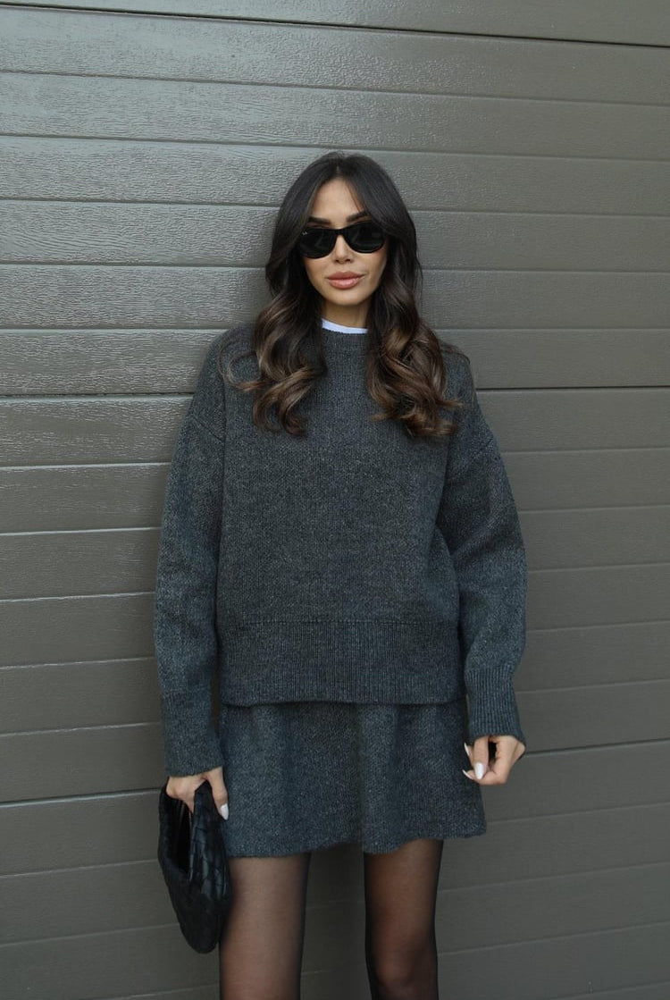 Lumina Wear women's cozy knit sweater set with matching mini skirt, stylish and comfortable outfit for casual wear.