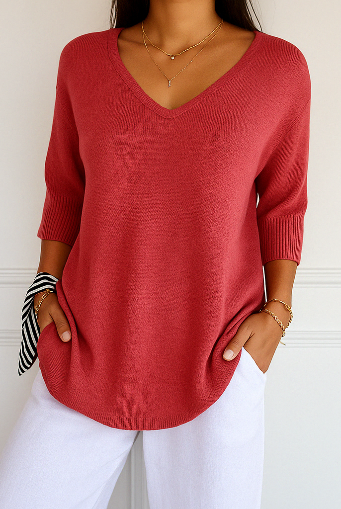Lumina Wear Clara relaxed V-neck women's sweater featuring a minimalist design, soft knit fabric, and casual fit.