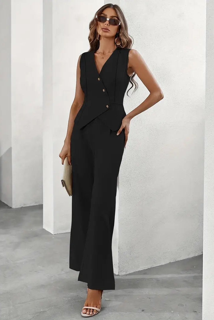 Women's Daisy spring vest and pant suit set with button details, tailored fit, in soft fabric by Lumina Wear.