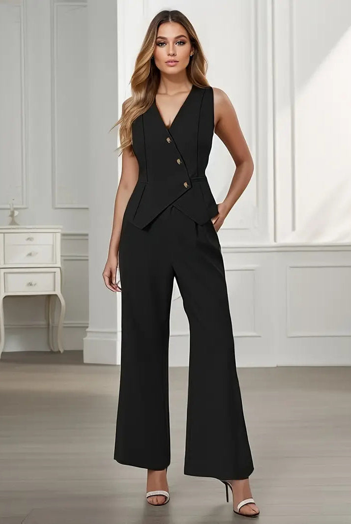 Daisy tailored spring vest and pant set by Lumina Wear, featuring button details, in a sophisticated women's suit style.