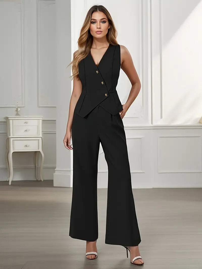 Daisy tailored spring vest and pant set by Lumina Wear, featuring button details, in a sophisticated women's suit style.
