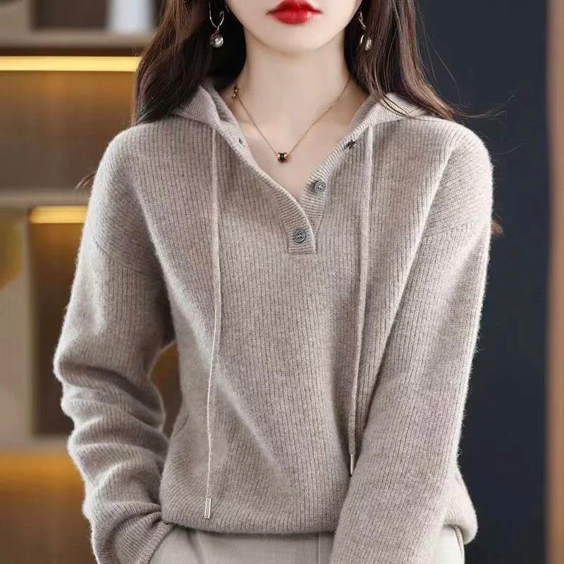 Lumina Wear Elise cozy V-neck hooded sweater with button details, soft knit fabric, and relaxed fit for casual wear.