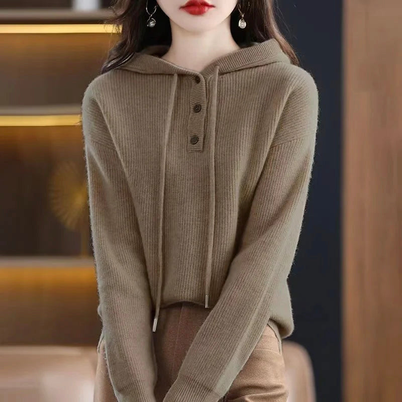 Lumina Wear Elise cozy v-neck hooded sweater with button details, soft knit fabric and casual fit for comfortable style.