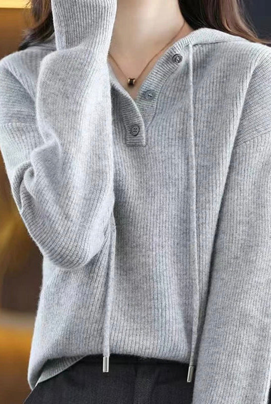Lumina Wear Elise cozy V-neck hooded sweater with button details, soft knit fabric, and casual style.