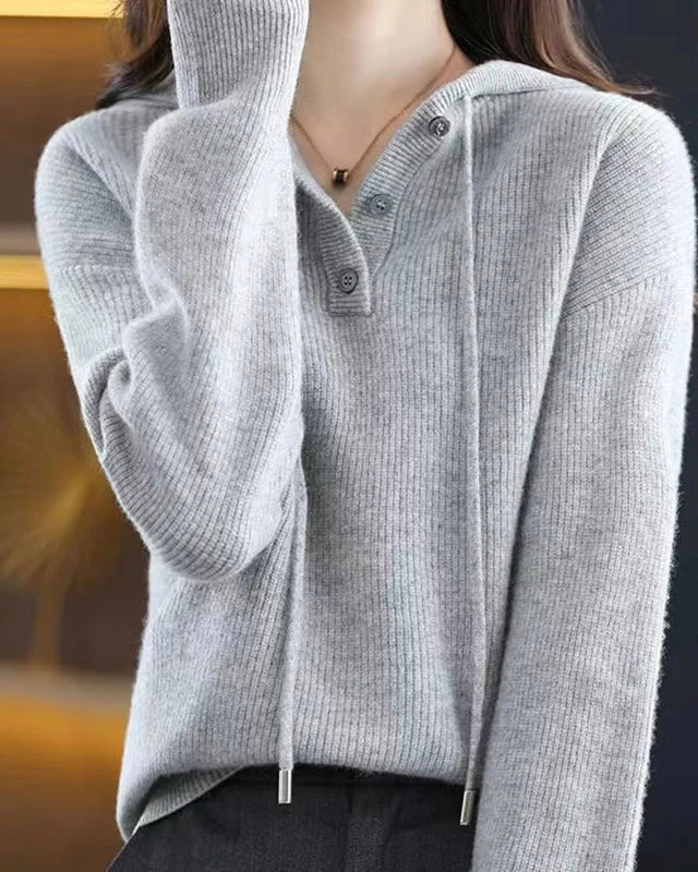 Lumina Wear Elise cozy V-neck hooded sweater with button details, soft knit fabric, and casual style.