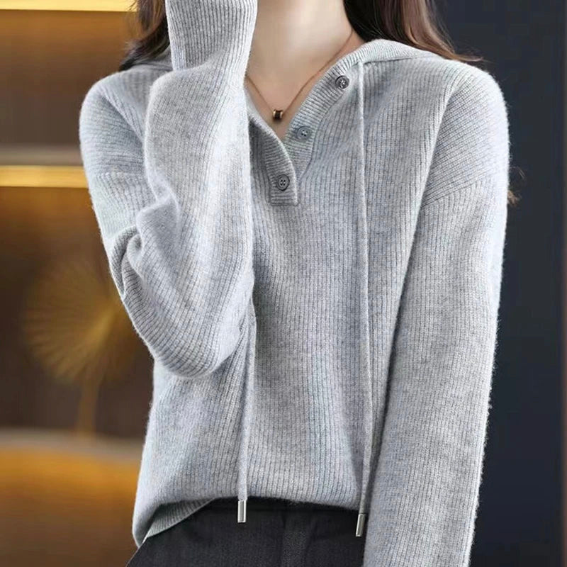Lumina Wear Elise cozy v-neck hooded sweater with button details, soft knit fabric and relaxed fit for casual comfort.
