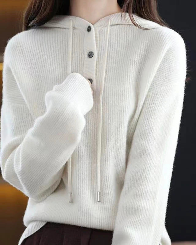 Lumina Wear Elise cozy v-neck hooded sweater with button details, soft knit fabric and relaxed fit.
