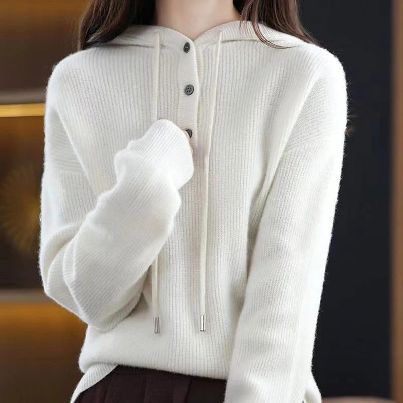 Lumina Wear Elise cozy V-neck hooded sweater with button details, soft knit fabric and relaxed fit for casual comfort.