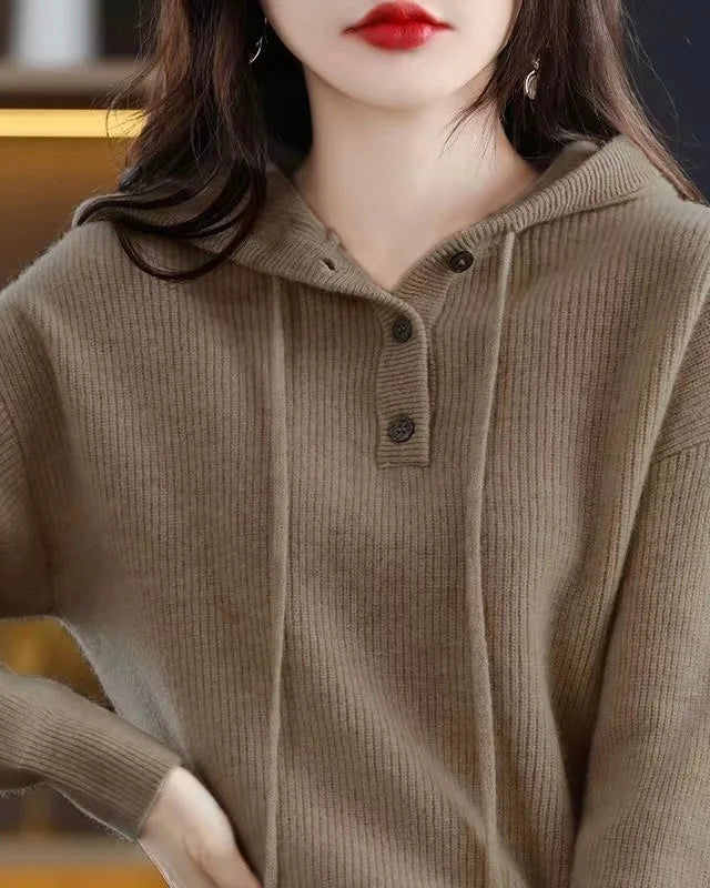 Lumina Wear Elise cozy V-neck hooded sweater with button details, soft knit fabric and relaxed fit for casual comfort.
