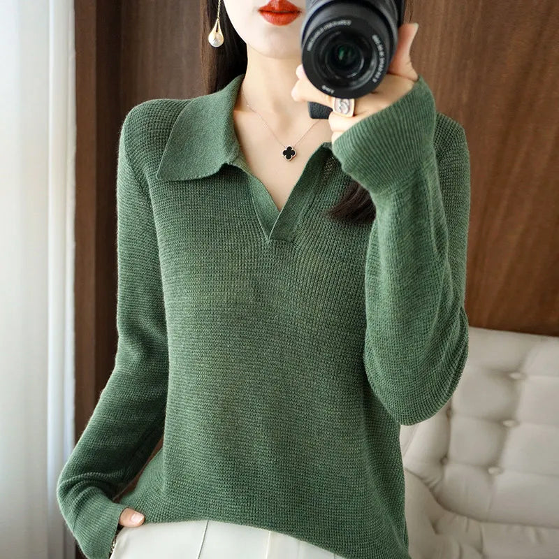 Lumina Wear Elise elegant v-neck knit pullover sweater with plush textured fabric, displayed on a neutral background.
