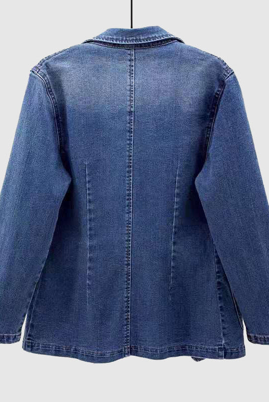 Light wash denim jacket from Lumina Wear's Elise collection, featuring an elegant profile and classic jacket details.