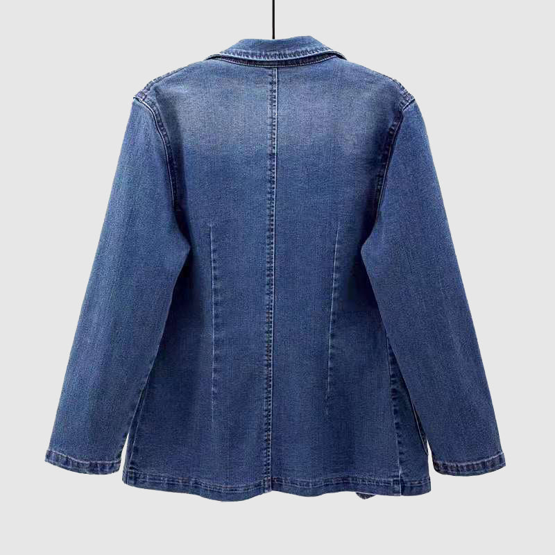 Light wash denim jacket from Lumina Wear's Elise collection, featuring an elegant profile and classic jacket details.