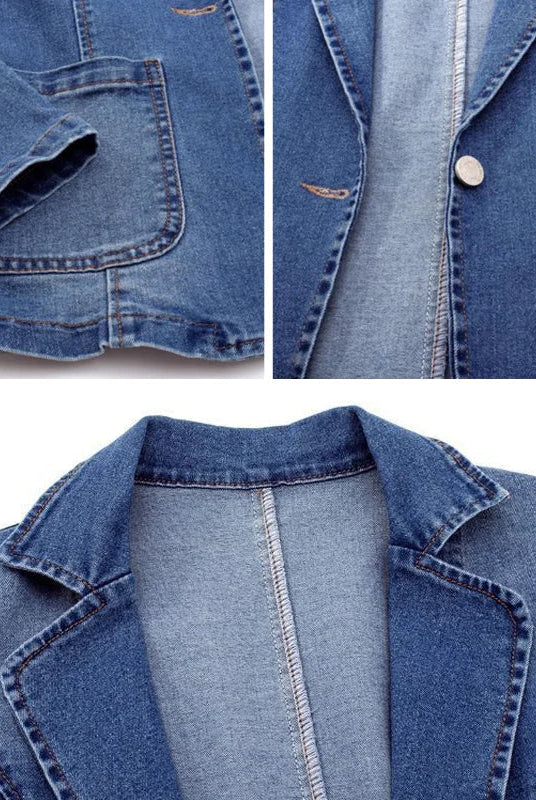Light wash denim jacket by Lumina Wear featuring an elegant profile, styled with a classic collar and button front.