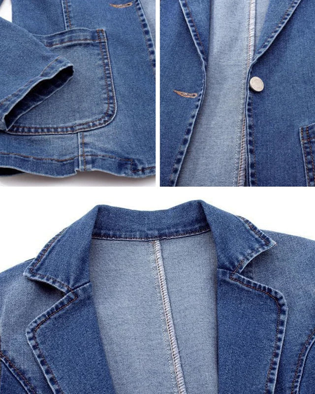 Light wash denim jacket by Lumina Wear featuring an elegant profile, styled on a model showcasing its classic design.