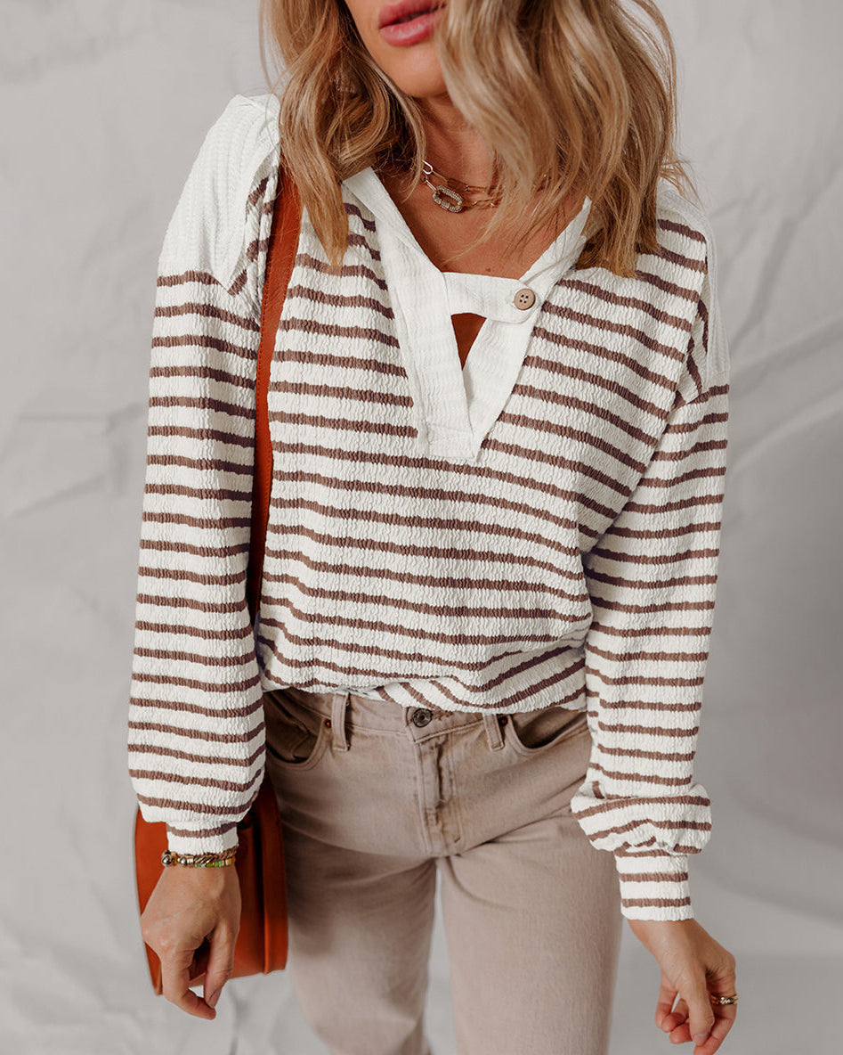 Lumina Wear Elise soft striped textured V-neck sweater with buttoned strap, casual and cozy knit for everyday wear
