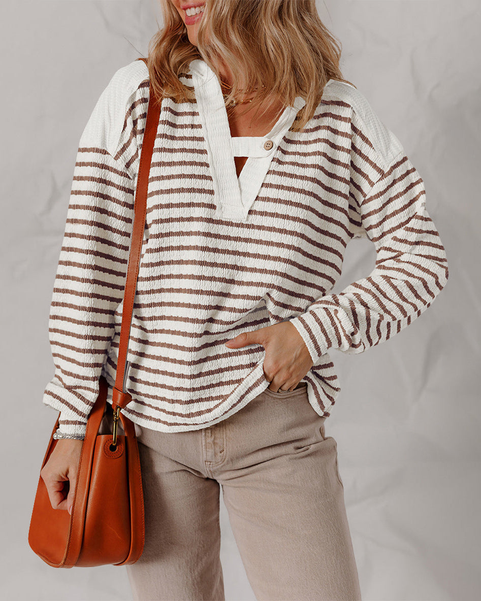 Lumina Wear Elise soft striped textured V-neck sweater with buttoned strap, stylish knit top for casual wear