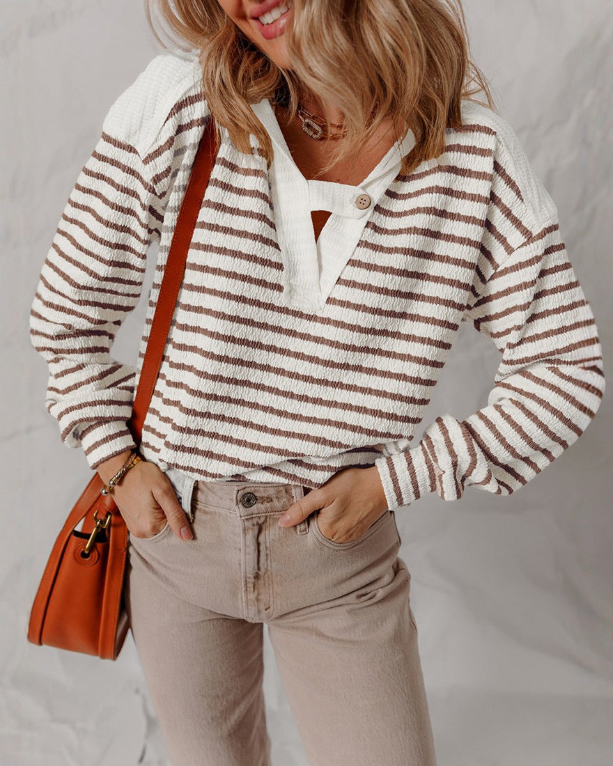 Lumina Wear Elise soft striped textured V-neck sweater with buttoned strap, cozy knit, stylish design, perfect for casual wear.
