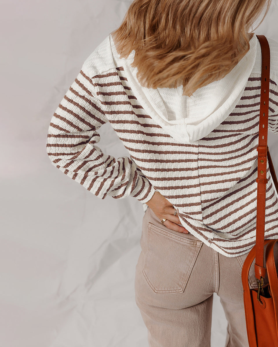 Lumina Wear Elise soft striped textured V-neck sweater with buttoned strap, cozy knit, stylish casual sweater.